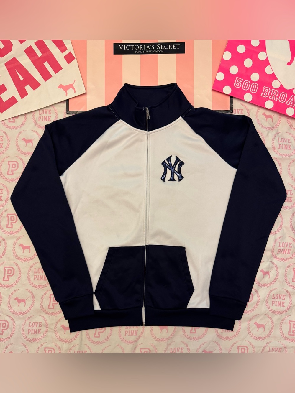 VS PINK LIMITED EDITION FULL ZIP TRACK JACKET MLB NEW YORK YANKEES BLING RARE L